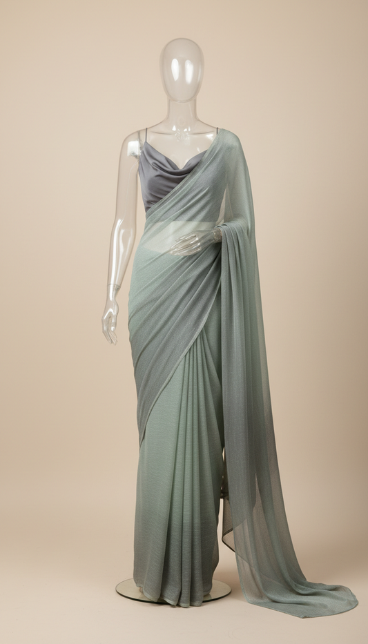 Gray and Sage Green Chiffon Saree