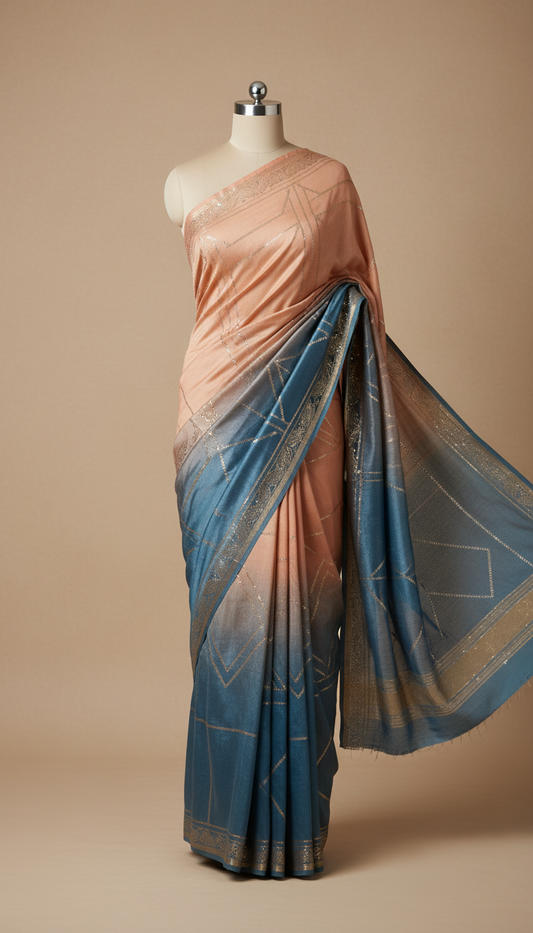 Peach Puff Steel Blue Ombre Saree