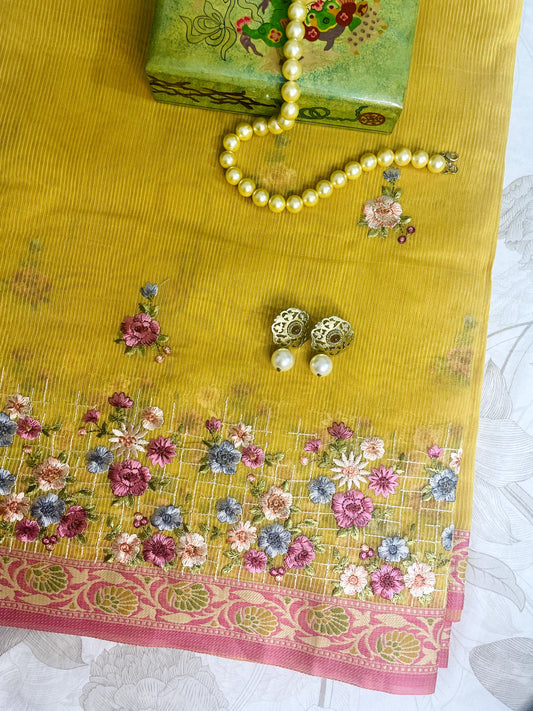 Light Yellow Floral Kota Doria Saree