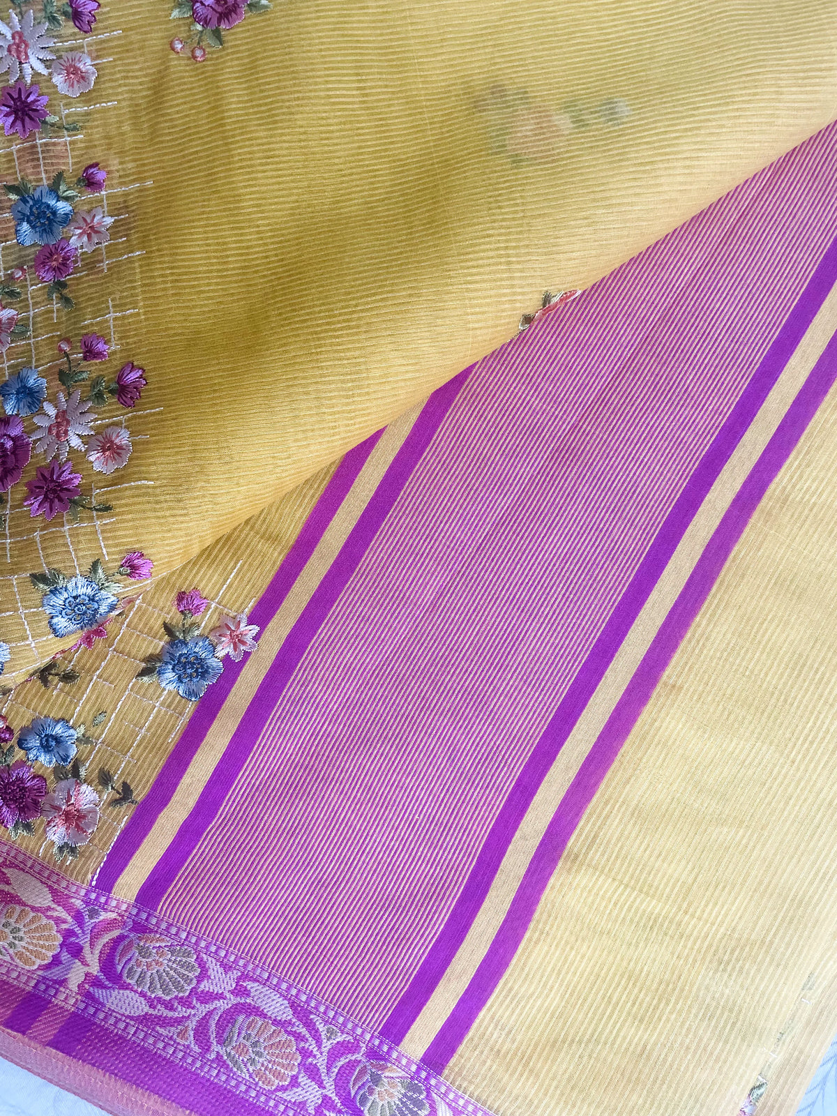 Light Yellow Floral Kota Doria Saree