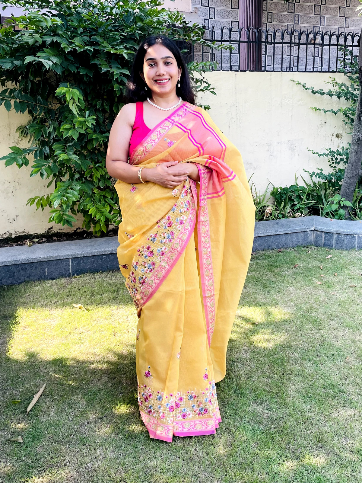 Light Yellow Floral Kota Doria Saree