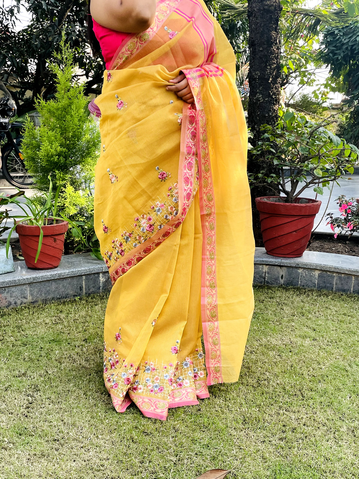 Light Yellow Floral Kota Doria Saree