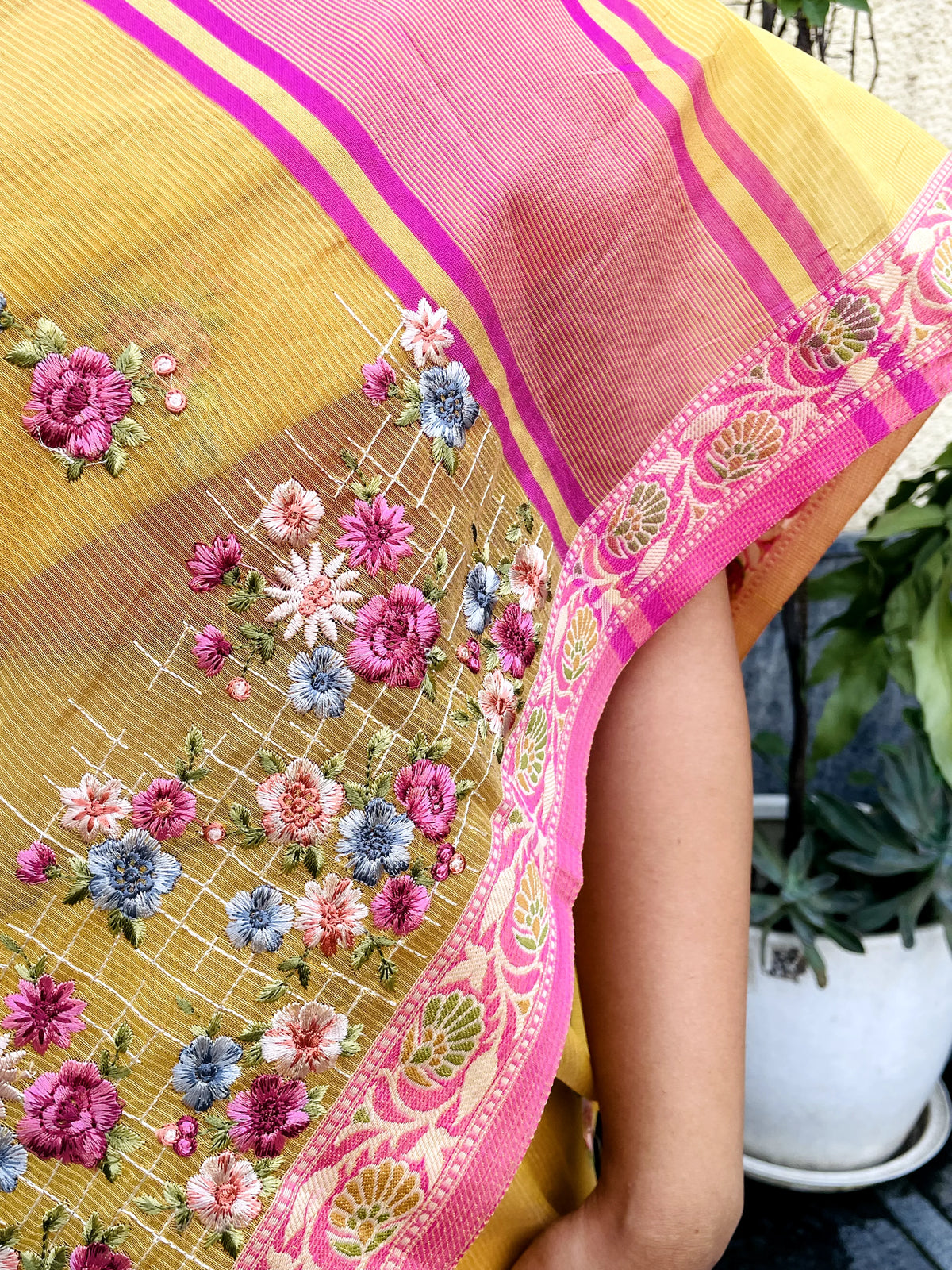 Light Yellow Floral Kota Doria Saree
