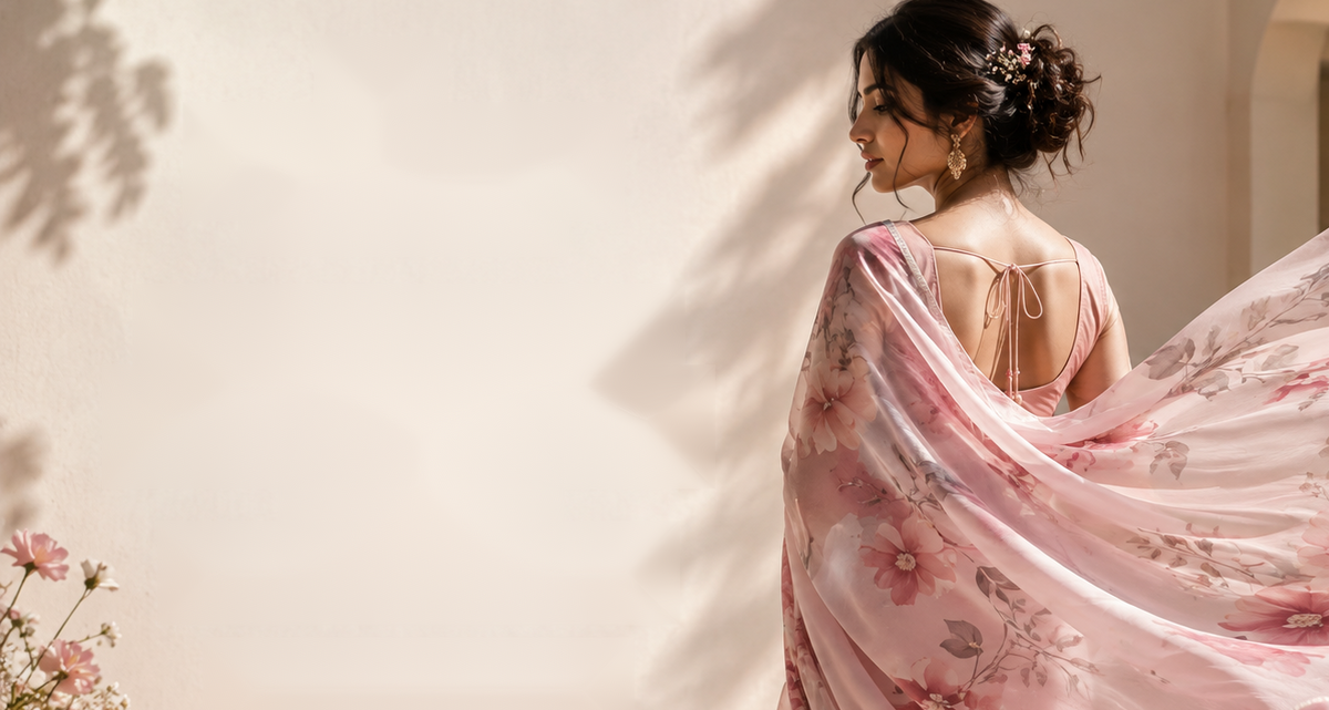 A woman stands in a sunlit courtyard wearing a flowing sheer pink floral shawl or wrap with a back tie detail. The fabric billows across the frame, showing a soft pink base with large floral prints in pink, gray, and muted green.